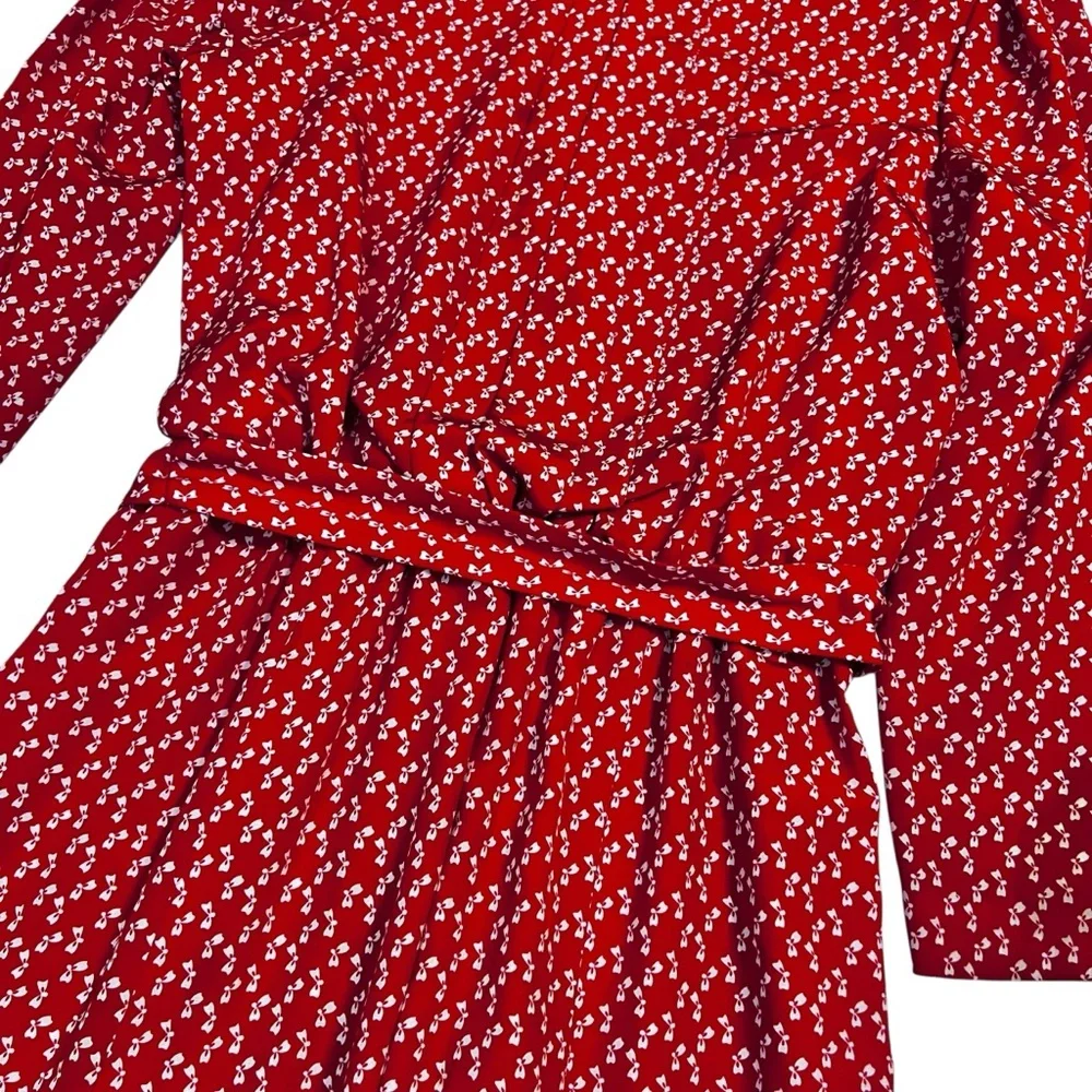 Henry Lee Vintage Red Bow Print Dress Union Made Size 14 Belted Full Skirt‎